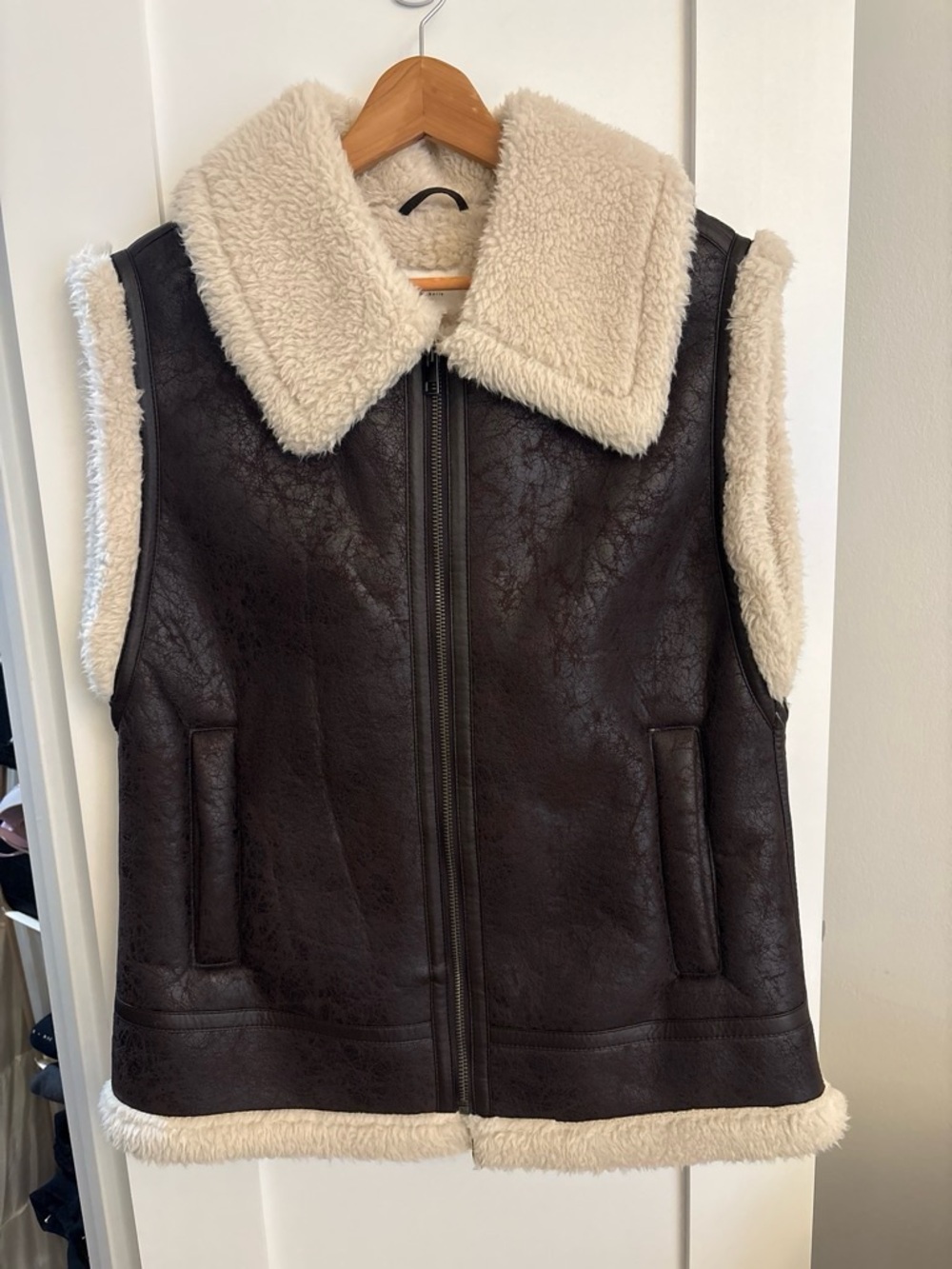 AERIE Fall/Winter Faux Shearling-Trimmed Leatherette Vest - Dark Brown/Cream